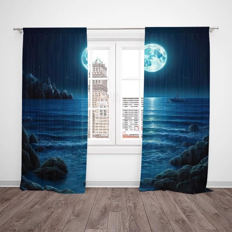 Dreamy Moonlight Seascape Curtains Polyester Home Decor Window Drapes Blackout Set Of 2 Made With Rod Pocket