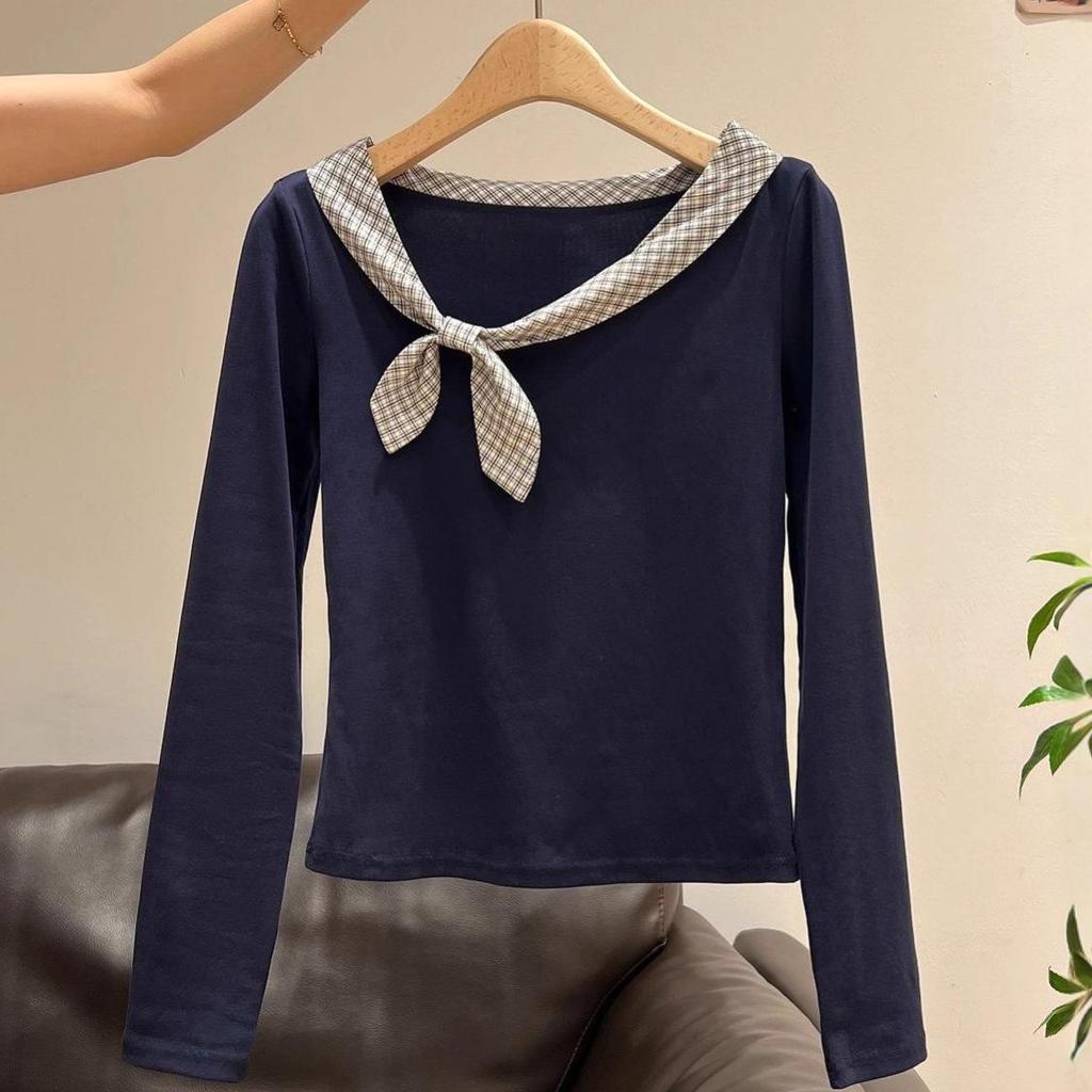 Navy Blue Rabbit Ear Tie Long Sleeve T-Shirt for Female Students - Versatile Early Autumn Uniform Top