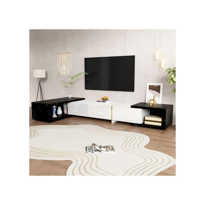 Meuble TV Moderne, Longueur Variable (140-260 Cm), Fonction Pivotante, Extérieur En Marbre Noir