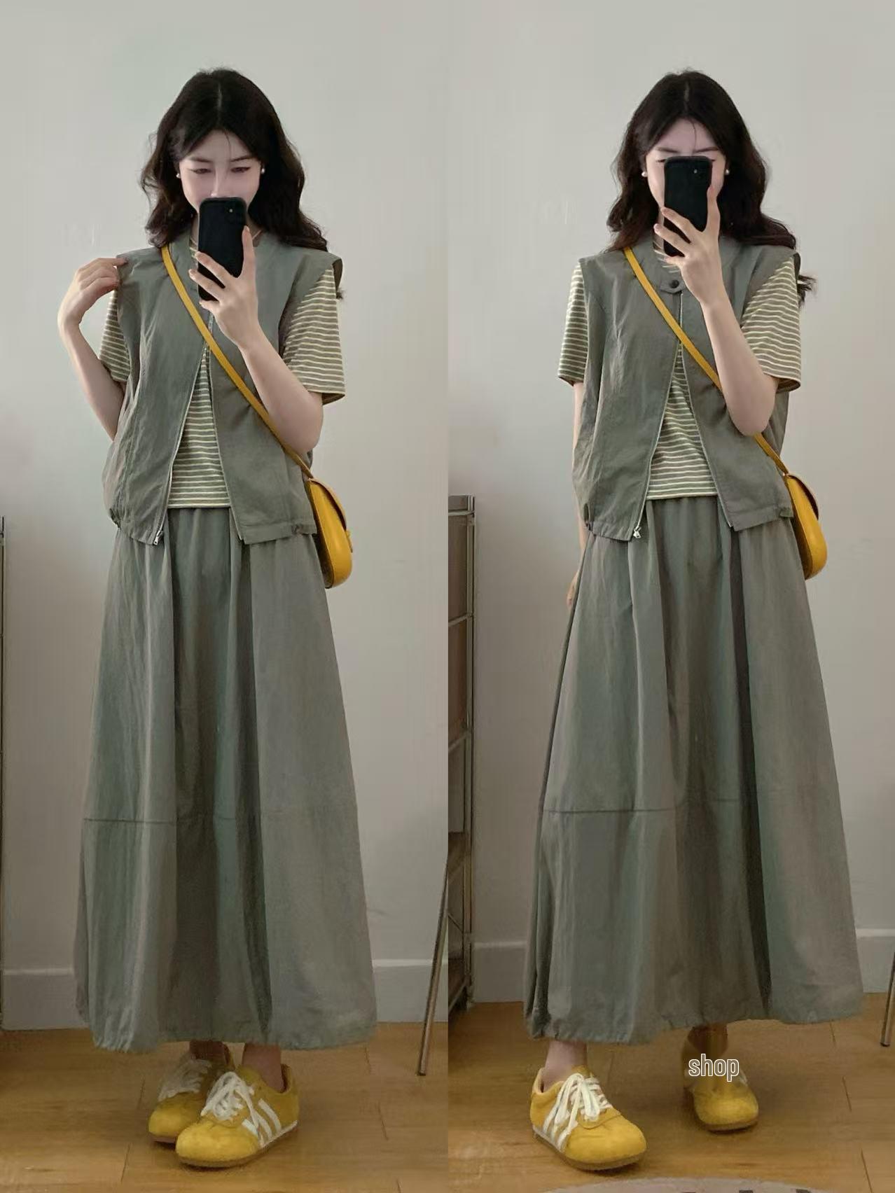 

Plus Size Women s Korean Style Striped T-shirt and Skirt Three-Piece Summer Set XXXL