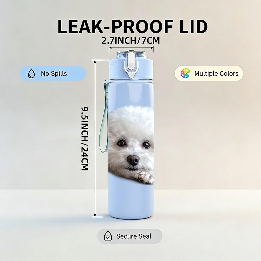 1PC White Fluffy Puppy Dog Print 750ml Color Plastic Sports Water Bottle Leakproof Flip Straw Lid Suitable for Sports Office Home Use