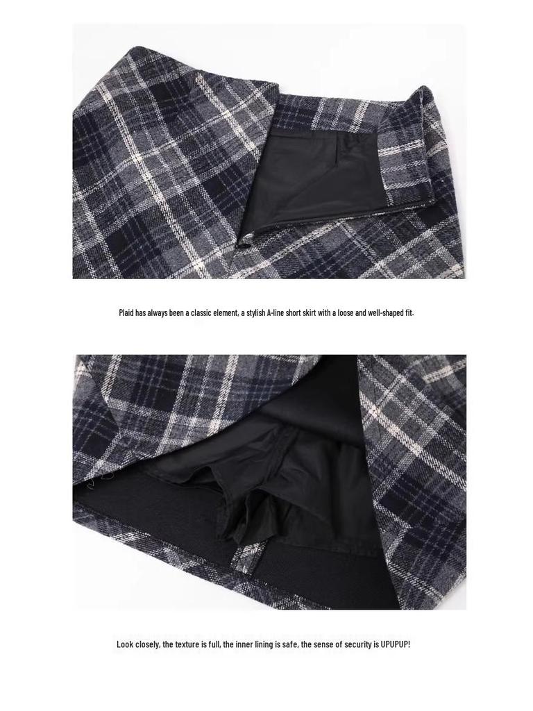 Women's Gray Plaid A-Line Woolen Mini Skirt - High Waist, Slimming, Petite Fit for Autumn/Winter 2026