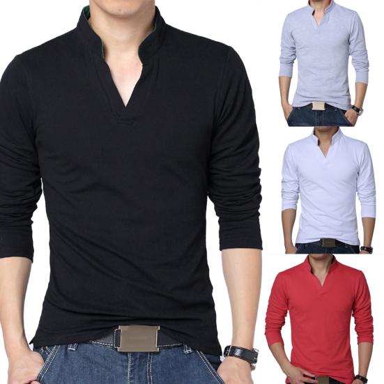 Solid Color Men Plus Size Stand Collar V Neck Long Sleeve T-Shirt Slim Fit Top