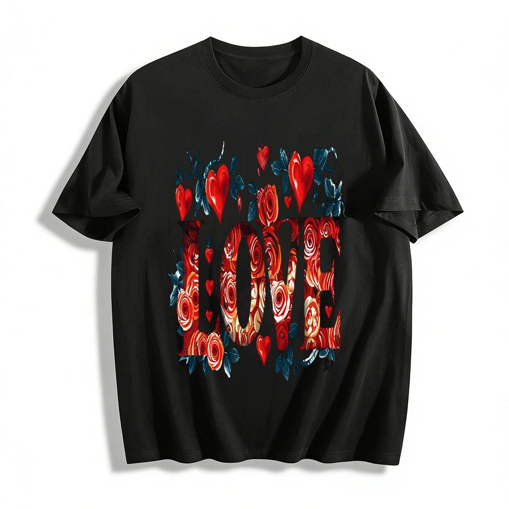 Romantic Rose Heart LOVE Print Couple Casual Crew Neck T-Shirt Pure cotton T-shirt XXS
