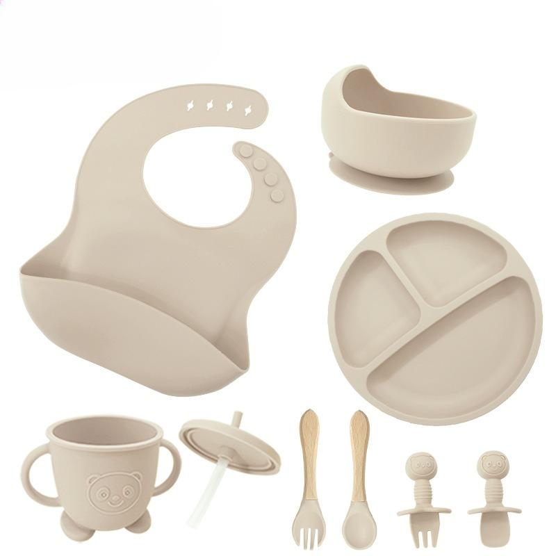 Children's silicone feeding tableware set, with suction cups on the bottom, 8 pieces