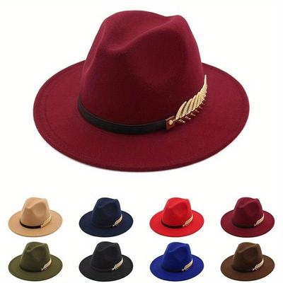 1pc Unisex Men Women Woolen Hat Leaf Wide Brim Cap Vintage Jazz Hat