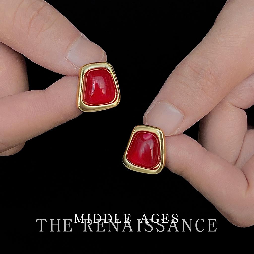 Средневековые французские ретро красные серьги-гвоздики геометрические серьги с покрытием 14k серьги в гонконгском стиле