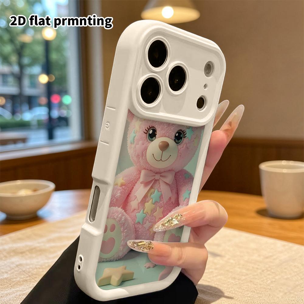 Phone Case: 2D Flat Design Suitable for iPhone 18, 17, 16, 15, 14, 13 Pro Stepped Protective Case, Pink Plush Little Bear, Christmas and Halloween Gif