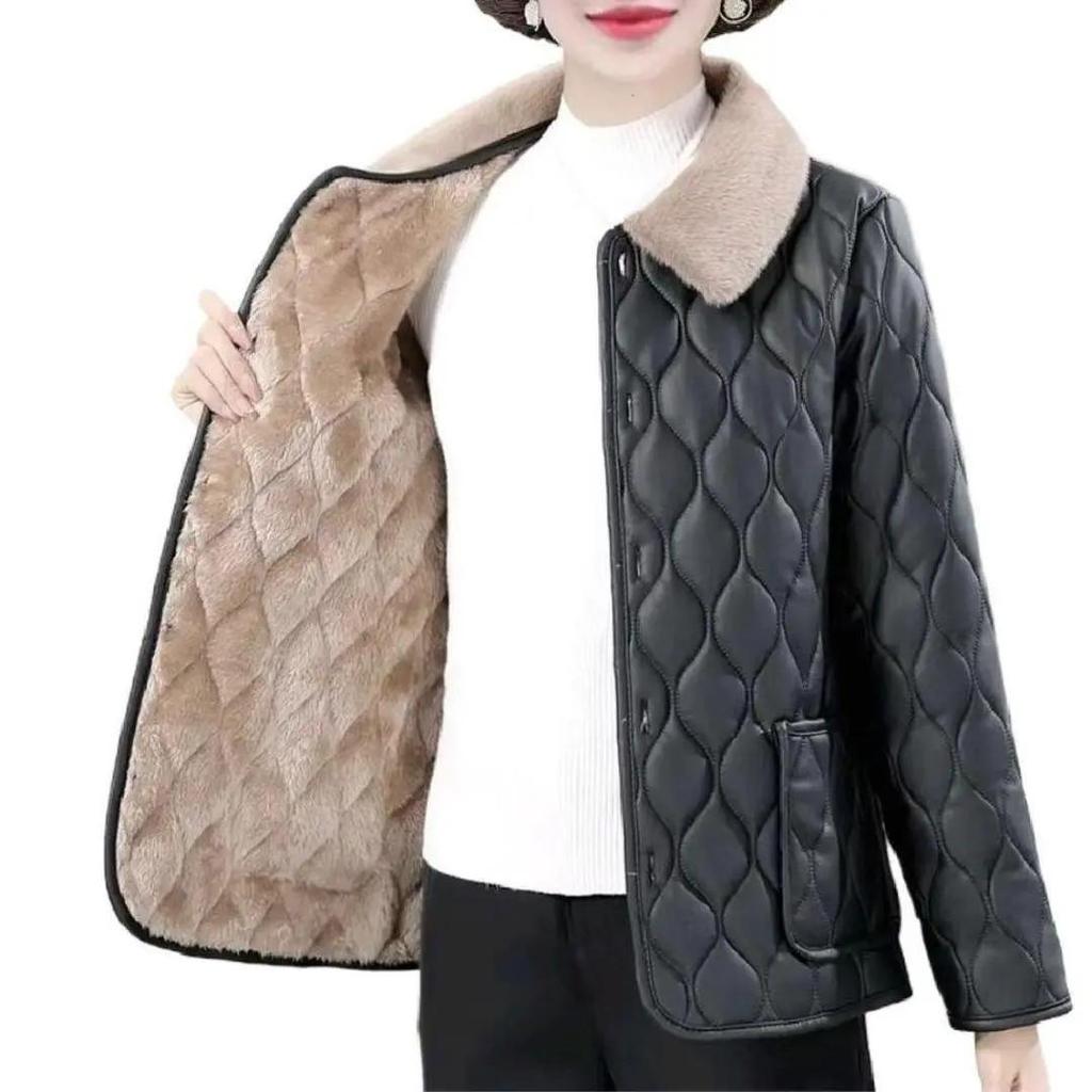 Mid-Aged & Elderly Women's Thick Velvet PU Leather Winter Coat - Warm, Stylish Cotton-Padded Jacket