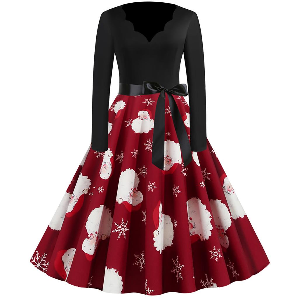 Women's Fashion Long Sleeve Christmas Round Neck Print Hem Dress