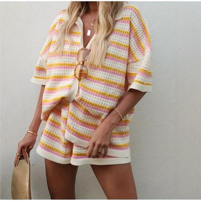 Women's Striped Knit 2 Piece Outfit Casual Short Sleeve Polo Shirt and Shorts Set