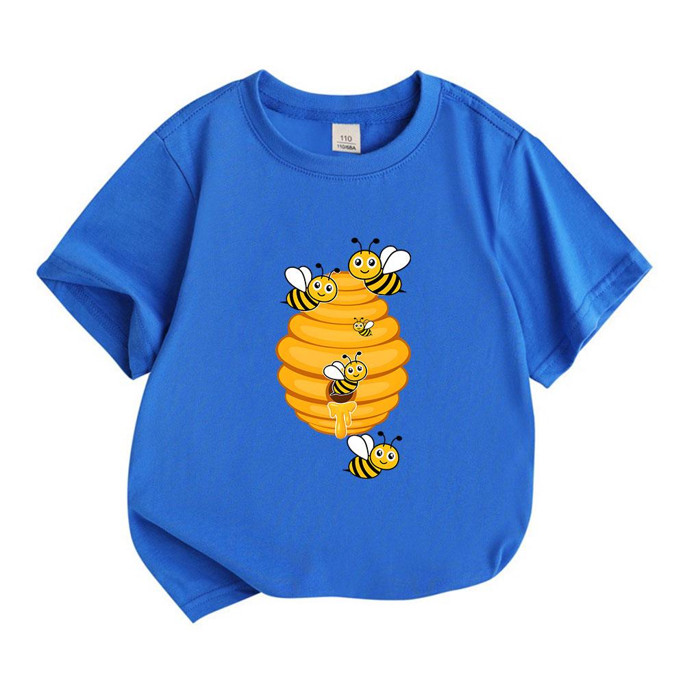 Kids Boys Girls Crew Neck Short Sleeve 100% Cotton T-Shirt, Cute Cartoon Bees Honeycomb Print Casual Soft Breathable Top For Daily Wear Summer Activit