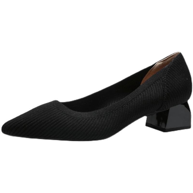 Middle heel new pointed head shallow mouth single shoes thick heel knitted flying shoes high heels women