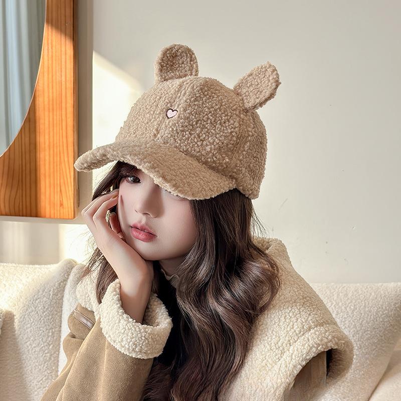 Hat for Women In Autumn and Winter Hairy Thickened Warm Baseball Cap Rabbit Ears Cute Versatile Embroidered Korean Style Baseball Cap