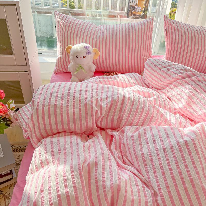 Seersucker Bedding Sets Solid Color Washed Cotton Microfiber Duvet Cover Flat Sheet Pillowcases Soft Bed Linen For Girls