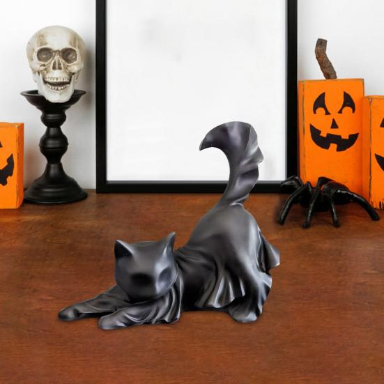 Black Ghost Cat Statue Resin Halloween Ghost Cat Figurine Gothic Feline Sculpture