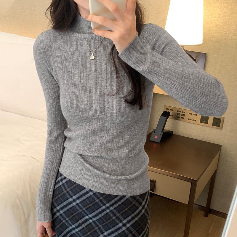 Thin knitted sweater women's inner spring semi-turtleneck temperament texture top slim-fitting sweet and spicy bottoming shirt