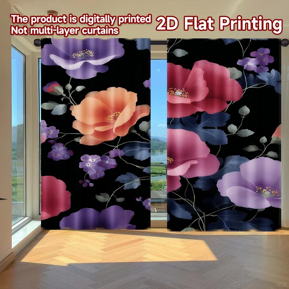 

2D FLAT PRINTING 2pcs Curtains (Without Rod) Floral Elegance on Black (3) April Fools is Day Festival Creative Curtains 100*130 Rod Pocket 1pcs