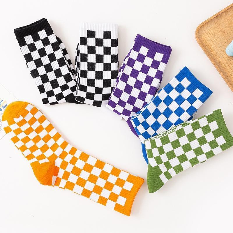 3 Pairs Women Cotton Socks Funny Black White Squares Plaid Casual Socks Breathable Middle Tube Socks