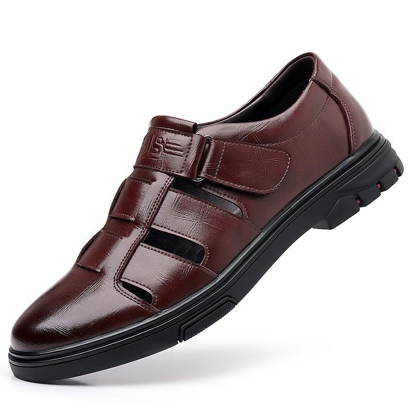 Men's Leather Sandals Summer Breathable Casual Hollow Leather Shoes Bag Head Middle and Old Non-slip Hole Shoes