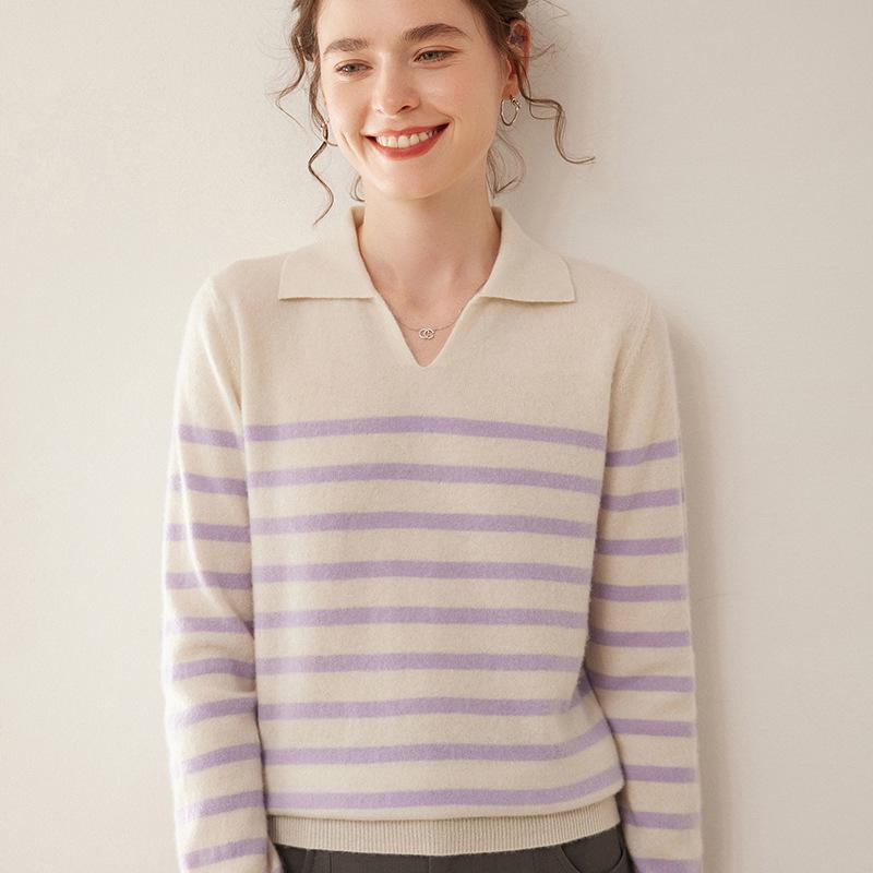 Women's Fashionable Striped Cashmere Knit Base Layer Top - Long Sleeve, Polo Collar, Soft, and Skin-Friendly.