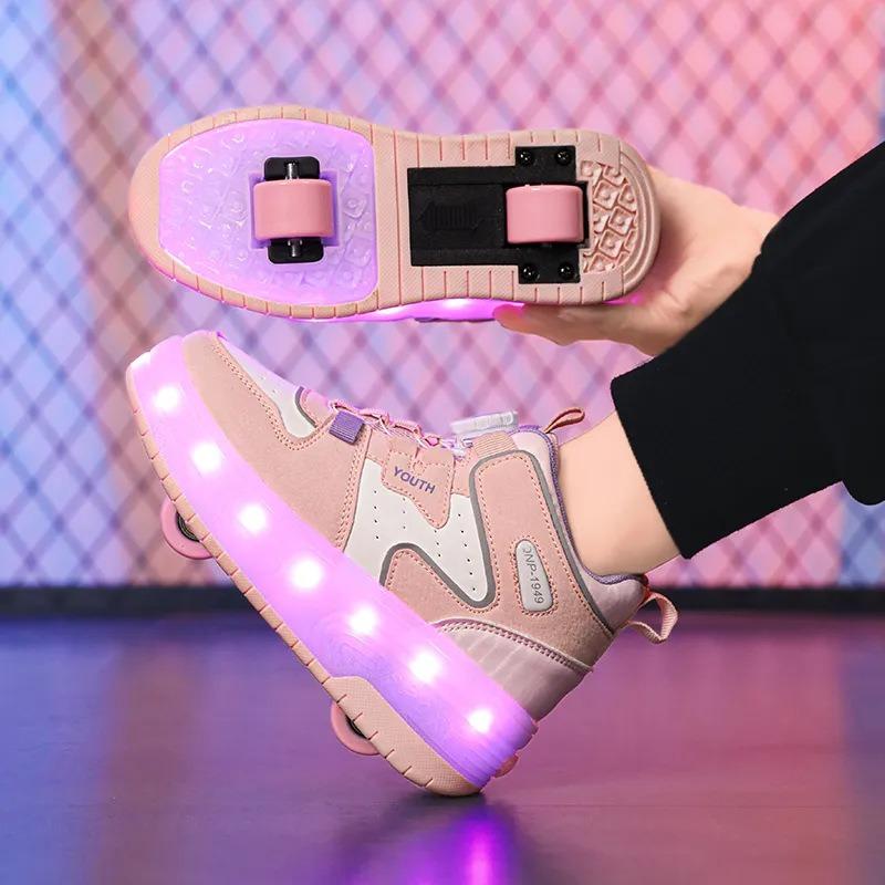 Children's shoes double-wheel pulley shoes rechargeable invisible wheels adult skates four-wheel portable