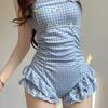 Dopamine Small Fresh Tight Pure Wind Blue Plaid One-piece Swimsuit Conservative Meat Cover Thin Hot Spring