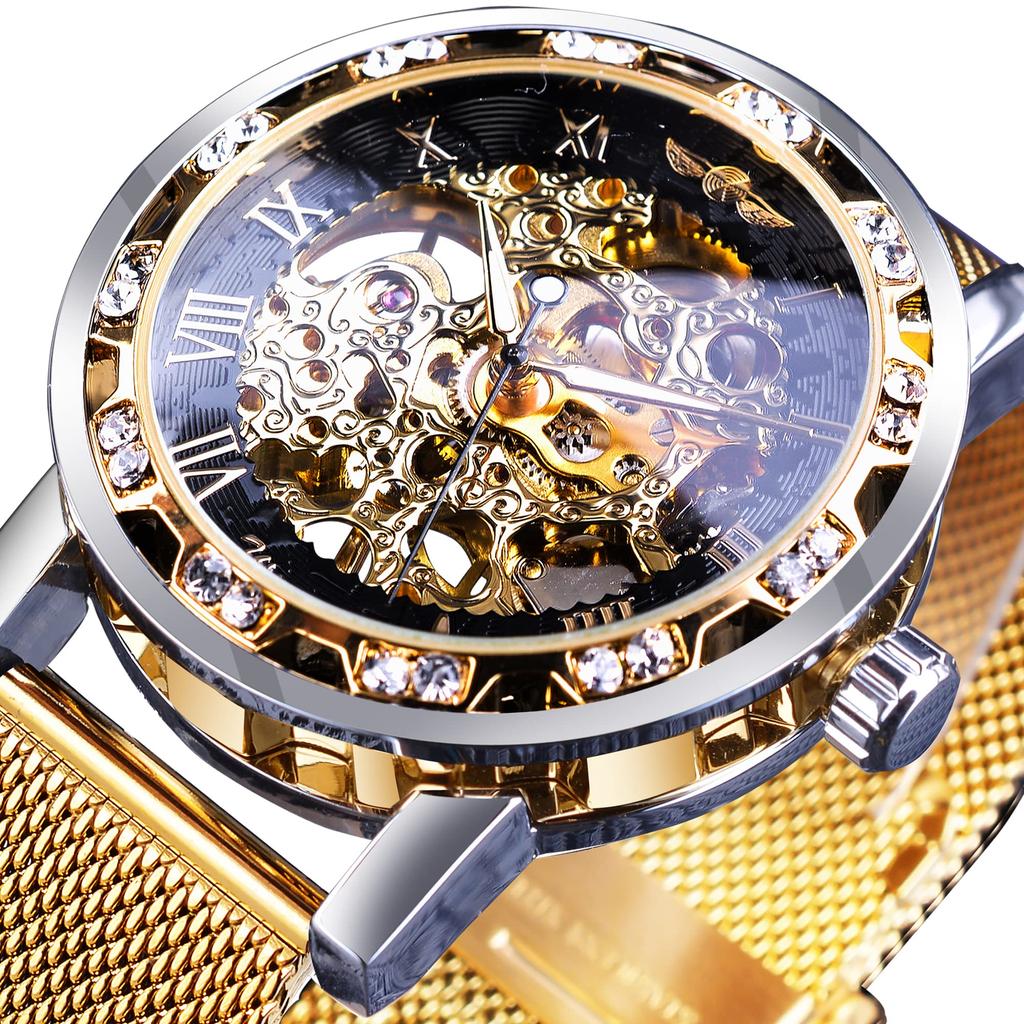 Forsining Winner Retro Manual Skeleton Watch Diamond Carving Flower Craft Men Gold Classic Roman Numerals