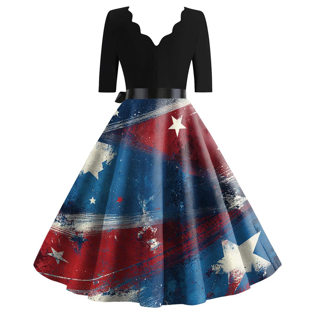 Women’s Vintage A Line Dress with Scalloped Neckline Half Sleeve and Star Print Flared Skirt Retro Style Belted Waist