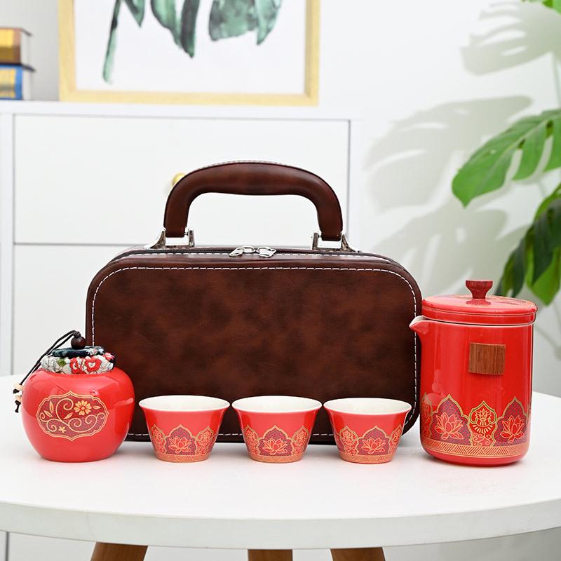 Keramik-Aufbewahrungstasche, ein Topf, drei Tassen Reise-Teeset, Teekanne tragbar, ein komplettes Set mit antikem Charme, Geschäftsgeschenke