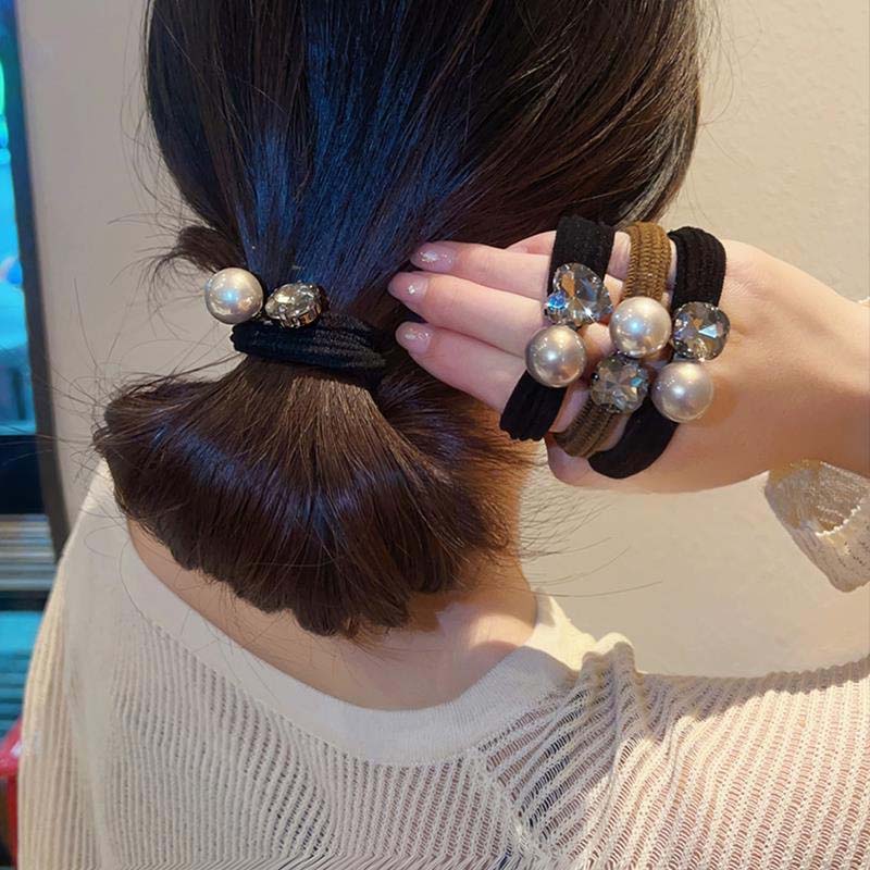 Elegante Haargummis mit künstlichen Perlen, Hochelastische, nahtlose schwarze Scrunchies mit Herz-Diamant, Damen, Mädchen, Pferdeschwanzhalter, Scrunchies