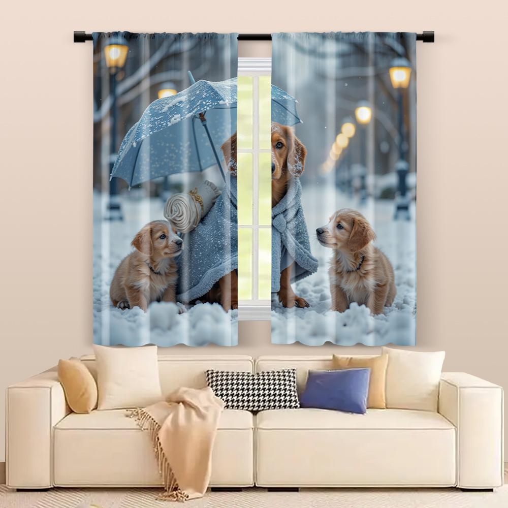 2 pcs, filtering curtains (excluding rods, non-movable, without batteries) a family of puppies in the snow for use in bedrooms