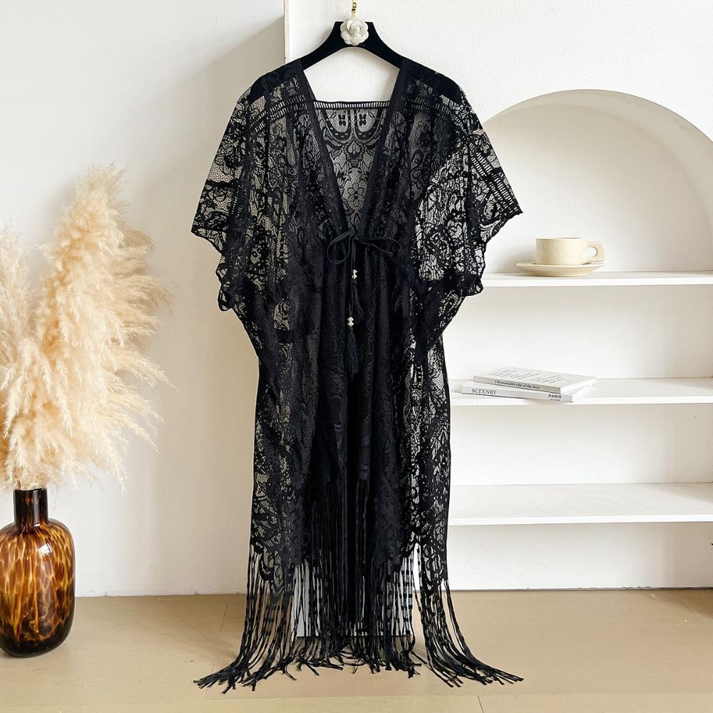 Floral Sunscreen Beach Cover Up Lace Mesh Sun-Protective Top Elegant Bohemian Shawl Women чёрный