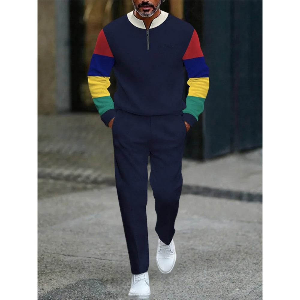 Frühling Herbst Mode Streetwear Herren Langarm Halbreißverschluss Stehkragen Lässige Sportbekleidung Herrenbekleidung Zweiteiliges Set