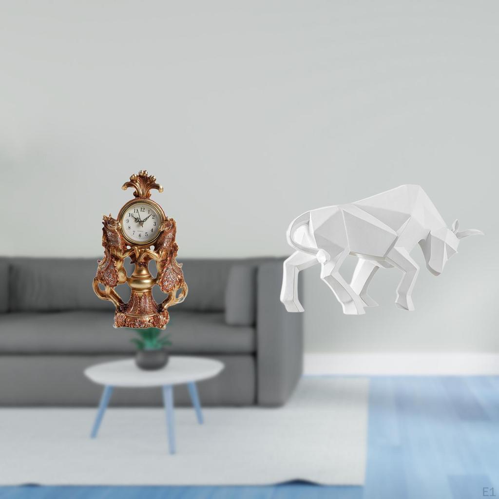 Equestrian Timepiece Sculpture Bull Resin Figurine Clock Art Desktop Ornament for Living Room