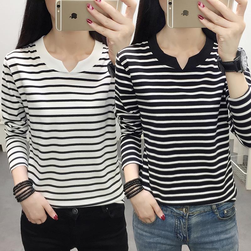 2024 Women's Loose Striped V-Neck Long-Sleeve T-Shirt - Versatile Spring Top