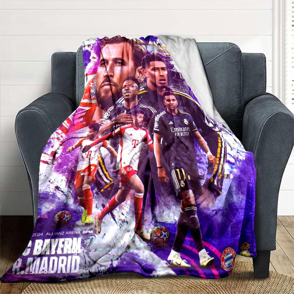 Purple Tone Football Club Match Players Collage Flannel Throw Blanket, Soft Warm Cozy Bed Sofa Cover for Sports Fan