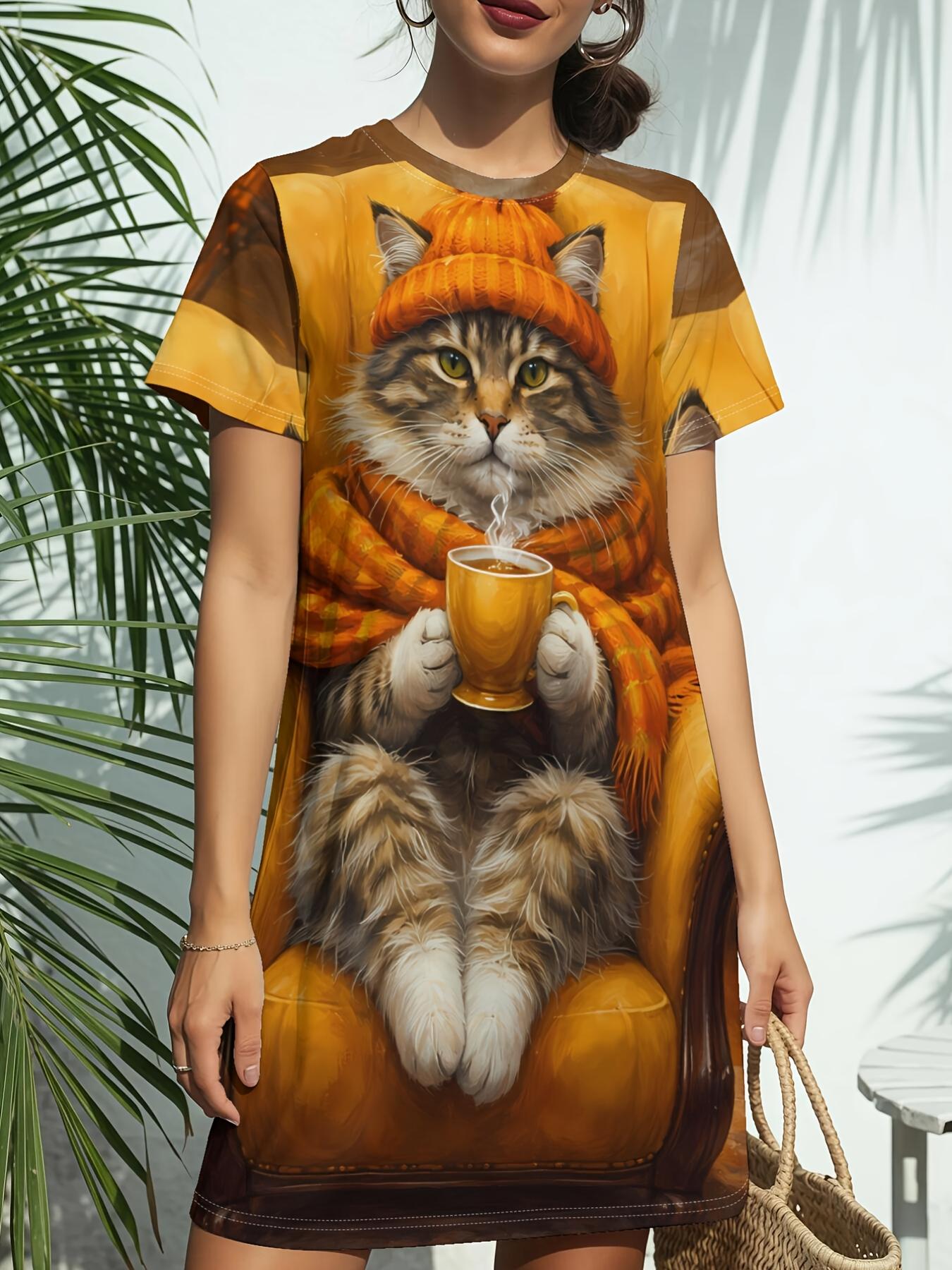 

Cat Armchair Art PrintNew Women s Round Neck Short-sleeve T-shirt Dress. American-style Trendy Digital Print. Versatile for Spring and Summer Casual W 7XL дубильная кора