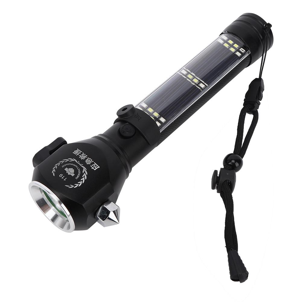 Solar Power Working Lamp Outdoor Defensive Strong Light Multifunction Emergency Flashlight with Safety Hammer