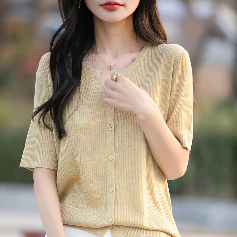 Women Fine Wool Knit Cardigan Short Sleeve Notch Neck Single Breasted Ribbed Soft Thin Knit Top Spring Summer Casual Blouse
