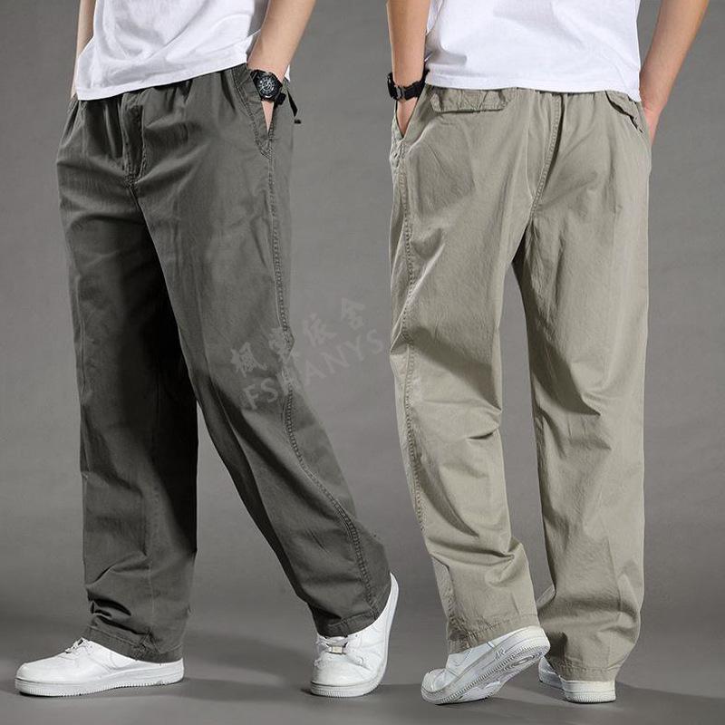 Men's Plus Size Casual Cargo Pants, Spring/Autumn, Cotton, Elastic Waist, Loose Fit, Straight Leg, Middle-Aged Style