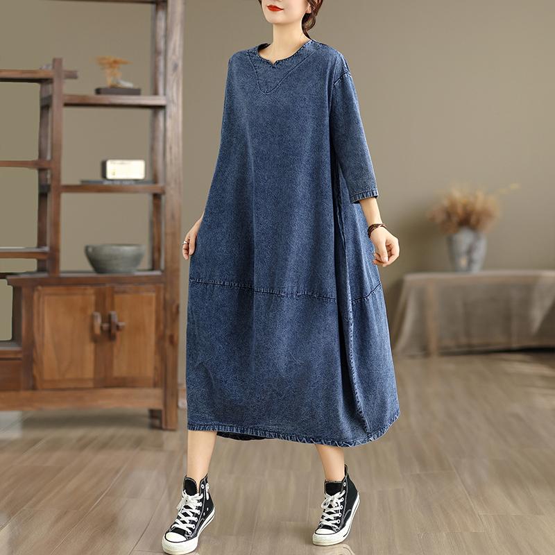 DIMANAF Women Plus Size Denim Dress Cottton Vintage Loose Casual Basic Dresses Maxi Long Dress Blue