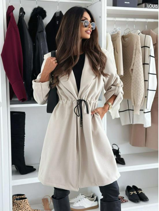 2025 European & American Women's Fashion Lace-Up Hooded Lapel Long Sleeve Coat for Autumn & Winter