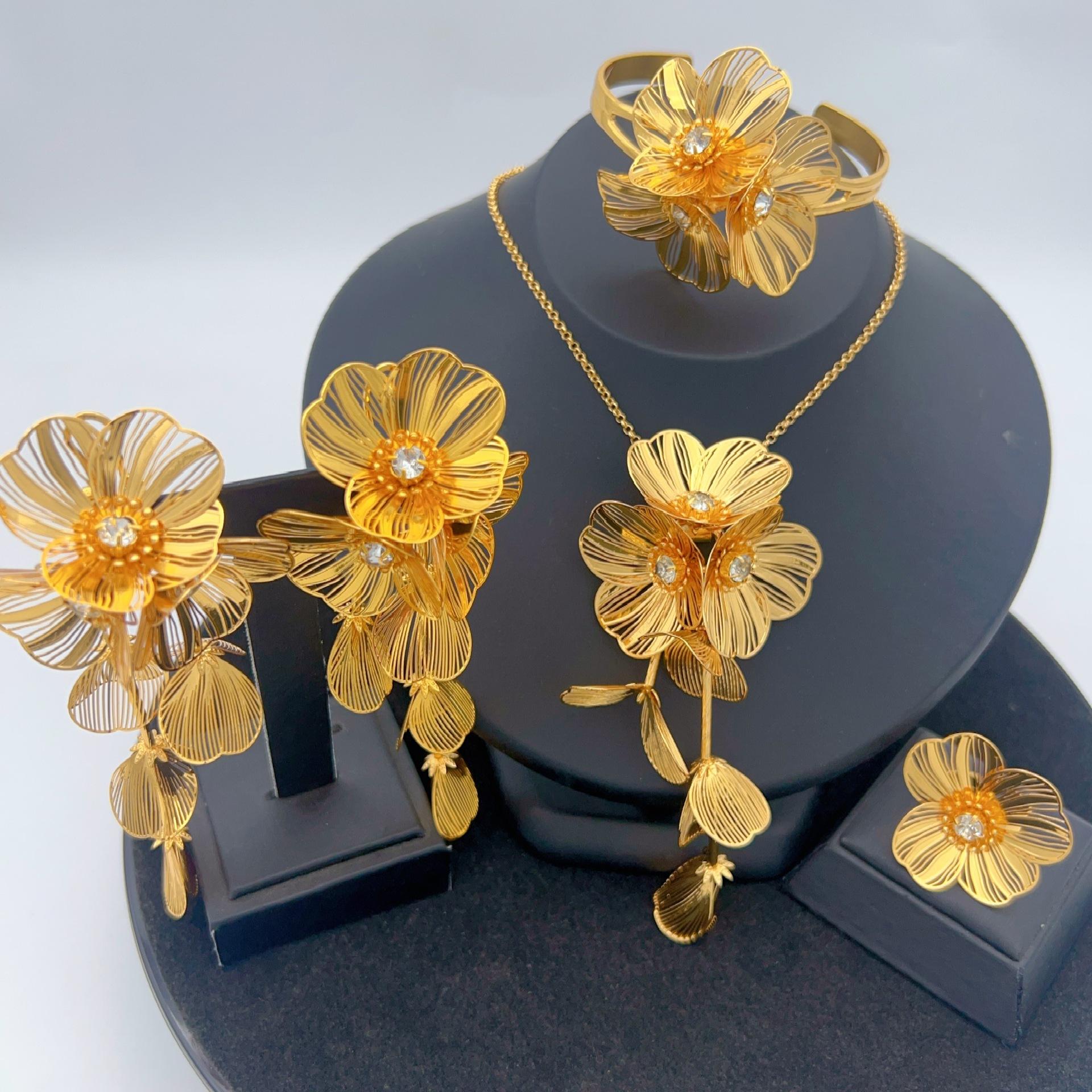 New Hollow Flower Butterfly Earrings Necklace Bracelet Ring Gold Ladies Temperament Luxury Jewelry Set 2026 47CM