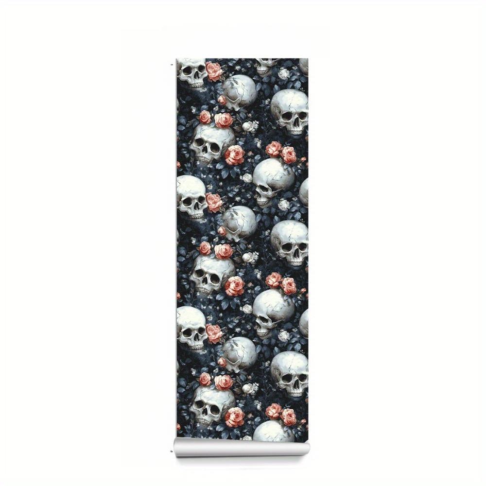 1roll Dark Style Skeleton Self-adhesive Wallpaper Waterproof Skull Floral Leaf Wallpaper Removable Wall Stickers for Living Room Furniture Restoration