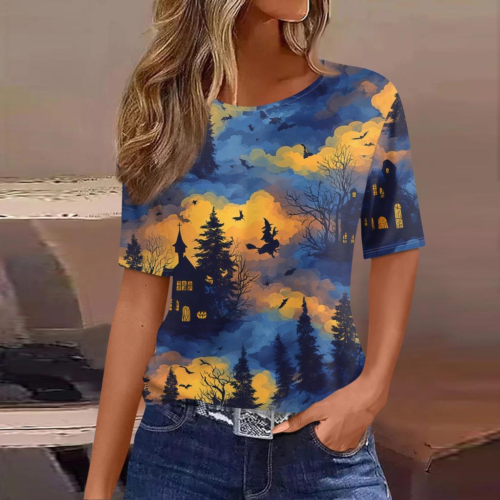 Womens Casual Short Sleeve Halloween Pullover Shirt Round Neck Bat Pumpkin Print Top Lightweight Comfortable Fit