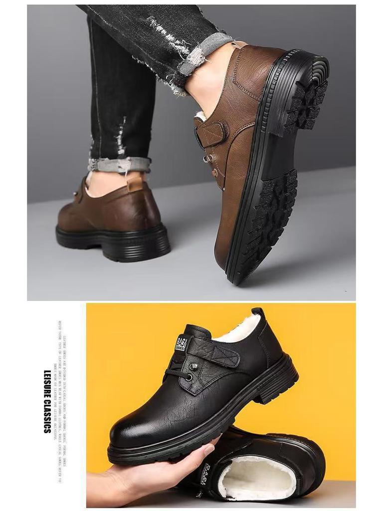 2024 Men's Winter Leather Shoes: Warm, Non-slip, Velcro, Thick Sole, Casual British Workwear Style