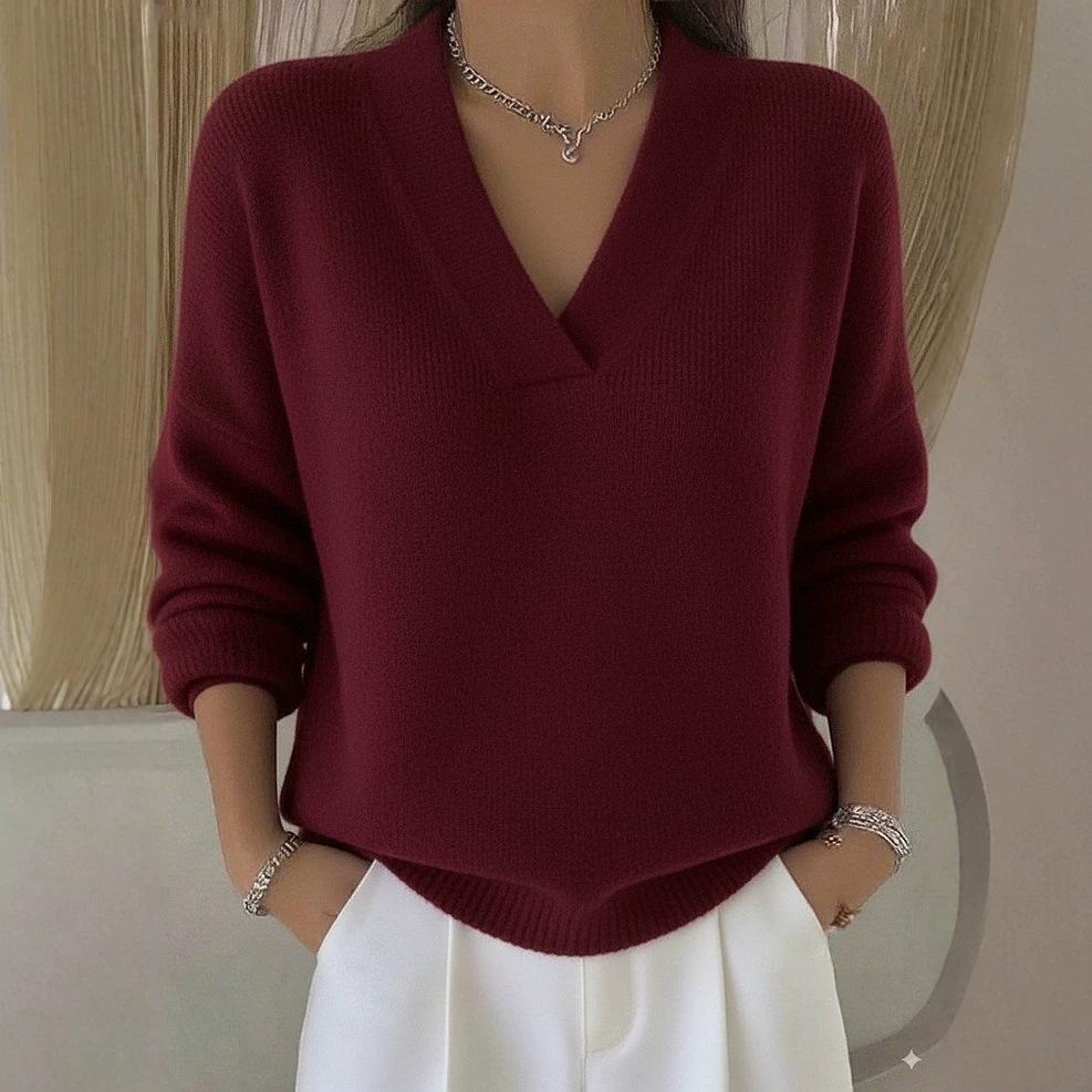 Damen S V-Ausschnitt Unifarben Locker Gestrickter Pullover Herbst Basisschicht