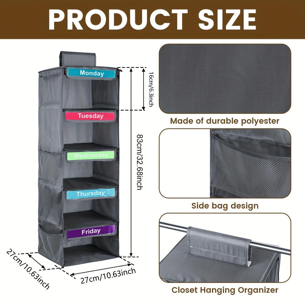 5 Layer Foldable Hanging Storage Bag with Label Hanging Organizer for Adults Kids Weekly Clothes Organization Monday To Friday