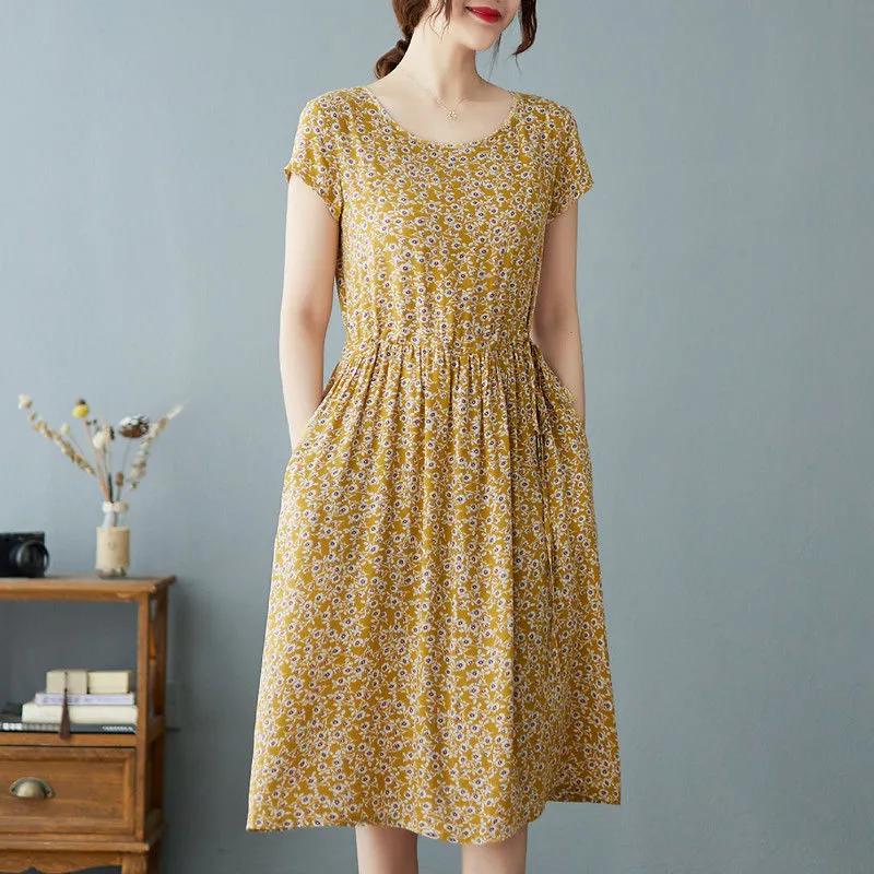 

Женское летнее платье на шнуровке с цветочным принтом, утягивающее и уменьшающее возраст, с короткими рукавами и поясом на талии, свежая юбка средней длины XS жёлтый